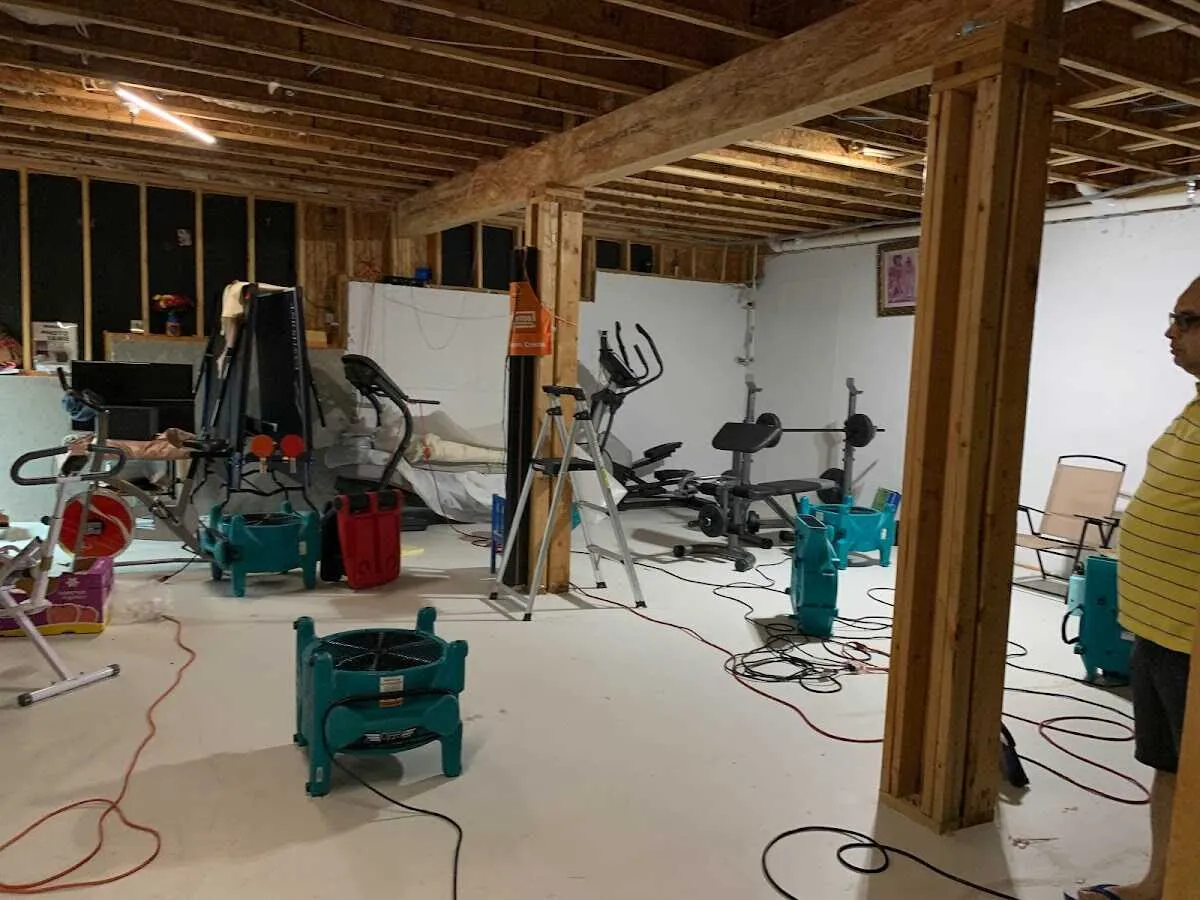 Basement drying equipment setup for Contents Cleaning & Restoration in Shelbyville